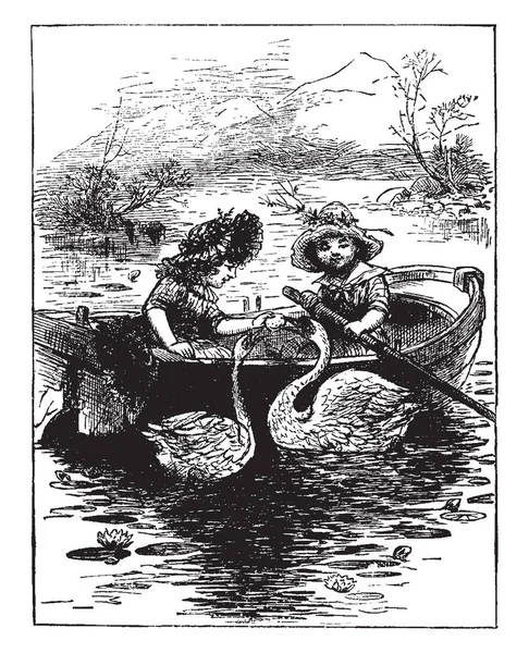 女孩和划艇两个女孩在船上喂养两只天鹅 复古线画或雕刻插图 — 图库矢量图片