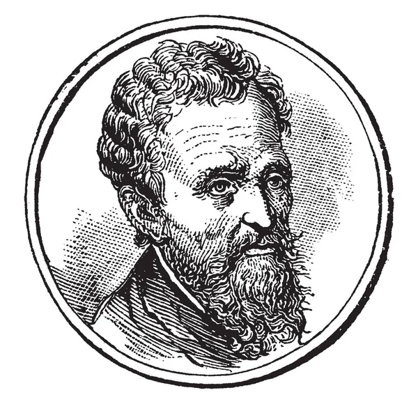 Michelangelo, İtalyan heykeltıraş, ressam, mimar ve şair Yüksek Rönesans, vintage çizgi çizme veya oyma illüstrasyon o 1475-1564, oldu