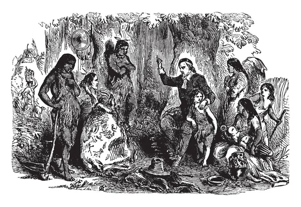 アメリカ インディアンとロックスベリーのラテン系の学校 1645 年にマサチューセッツ湾植民地 ビンテージの線描画やイラストを彫刻の創始者にピューリタン宣教師だったジョン エリオットの説教インディアン 1604 1690 — ストックベクタ
