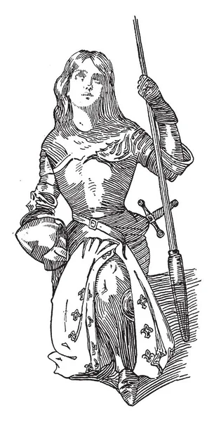 圣女贞德 她是著名的法国女主人公为她的角色在兰开斯特阶段的百年战争 复古线画或雕刻插图 — 图库矢量图片