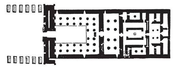 孔苏寺的平面图是一个几乎完整的新王国寺庙的例子 这座寺庙位于 Syphinxes 大道的尽头 老式的线条画或雕刻 — 图库矢量图片