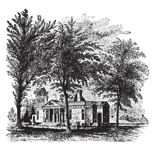 这是托马斯 杰斐逊的庄园 一座很大的房子四周都是树 有一对夫妇站在房子前面 老式的线条画或雕刻插图 — 图库矢量图片