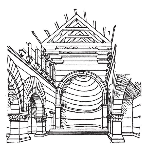 Церковь в Калб-Лузе, которая является христианской архитектуры Сирии отличается от римских традиций, винтажные линии рисования или гравировки иллюстрации
.