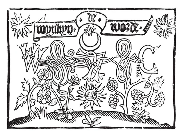 Illustration Represents Caxton Worde Vintage Line Drawing Engraving Illustration — Stock Vector
