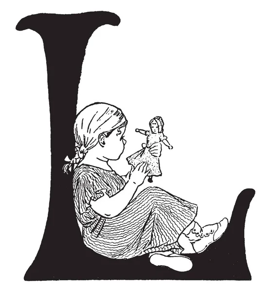 Mladá Dívka Spočívající Písmeno Hrát Její Panenka Vintage Kreslení Čar — Stockový vektor