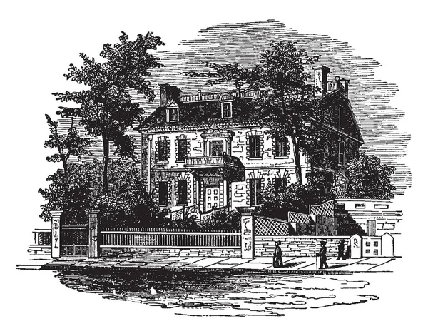 照片显示了汉考克的房子波士顿约翰 汉考克是美国商人 政治家和美国革命的杰出爱国者 房子有一个美丽的花园和入口门 复古线画或雕刻插图 — 图库矢量图片