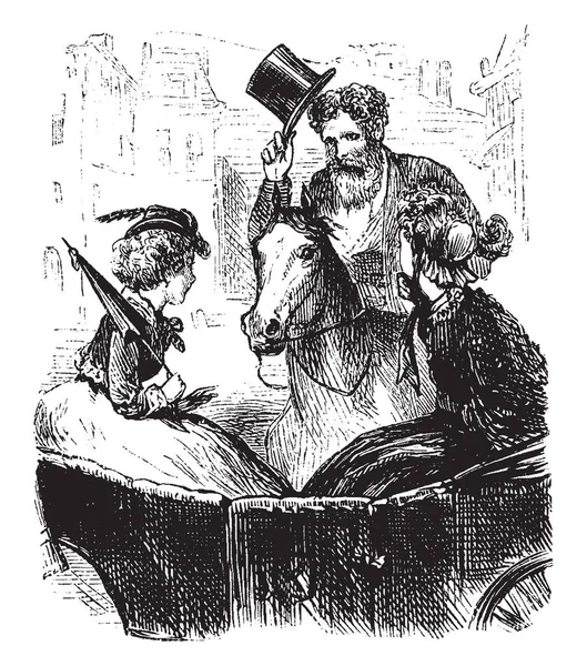Hombre Montando Caballo Mirando Dos Mujeres Sentadas Carruaje Dibujo Línea — Archivo Imágenes Vectoriales