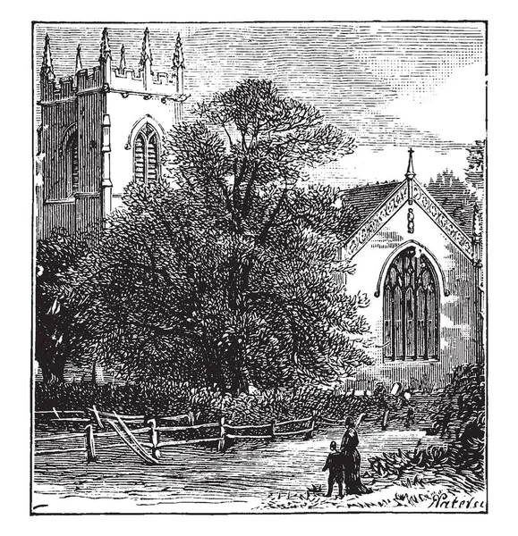 一棵大树显示战场教会前面和一位夫人站立与她的孩子 木边界也那里 复古线绘画或雕刻例证 — 图库矢量图片