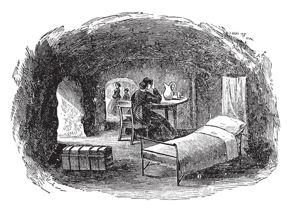 图像显示了洞穴中的房子 在图象一位夫人位子在椅子 也一树干和床在家庭存在 复古线图画或雕刻例证 — 图库矢量图片