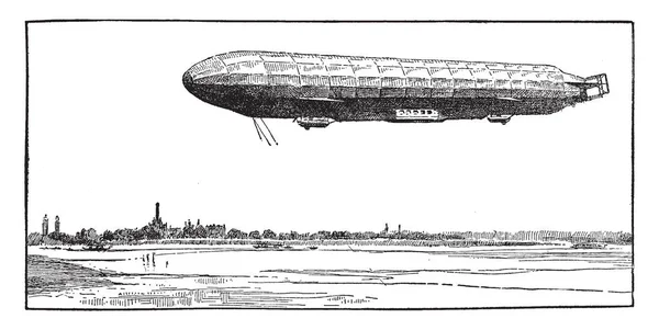 Zeppelin Zeppelin Boven Water Vintage Lijntekening Gravure Illustratie Vliegen — Stockvector