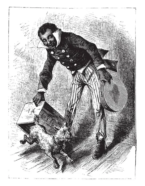 Hombre Sosteniendo Una Pandereta Una Mano Jugando Con Perro Dibujo — Archivo Imágenes Vectoriales