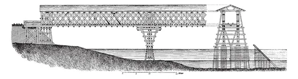 格子橋は格子 ビンテージの線描画や彫刻イラストを形成する小さな 密接に間隔をあけられたの斜め要素の大規模な番号を使用するトラス橋の形式 — ストックベクタ