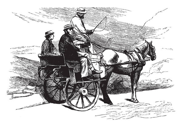 Jaunting Car was a light horse drawn two wheeled open vehicle with seats placed lengthwise, vintage line drawing or engraving illustration.