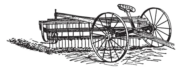 侧送耙是一个马耙 其中耙悬挂在车轮的车轴和第三个或脚轮尾在耙 复古线画或雕刻插图 — 图库矢量图片