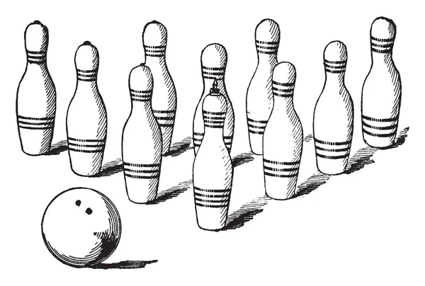 Zielkegelnadeln Und Eine Bowlingkugel Vintage Linienzeichnung Oder Gravur Illustration — Stockvektor