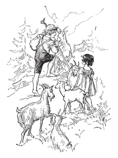 Хайді Пітер Сцена Показує Маленький Хлопчик Дівчинка Пастуші Кіз Гір — стоковий вектор