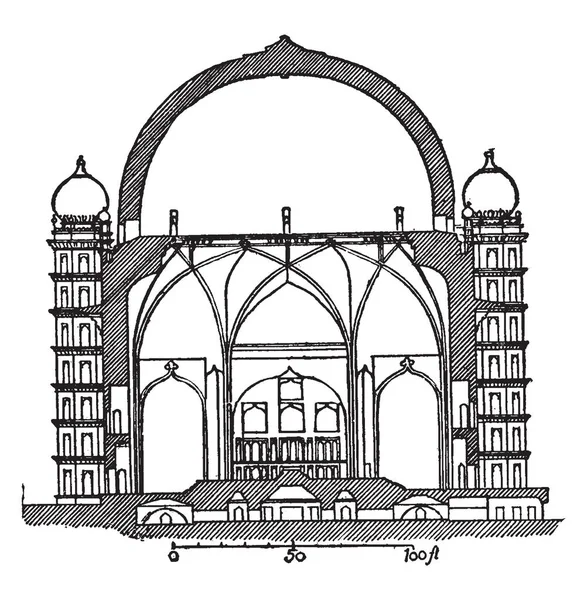 Gumbaz Bijapur 印度苏丹 穆罕默德阿迪尔沙阿 默罕默德墓 复古线画或雕刻插图 — 图库矢量图片
