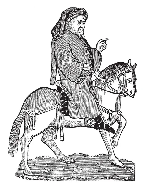ジェフリー チョーサー 1343 1400 彼は有名な英国の詩人 哲学者 天文学者 英文学 ビンテージの線描画や彫刻イラストの父として有名な — ストックベクタ