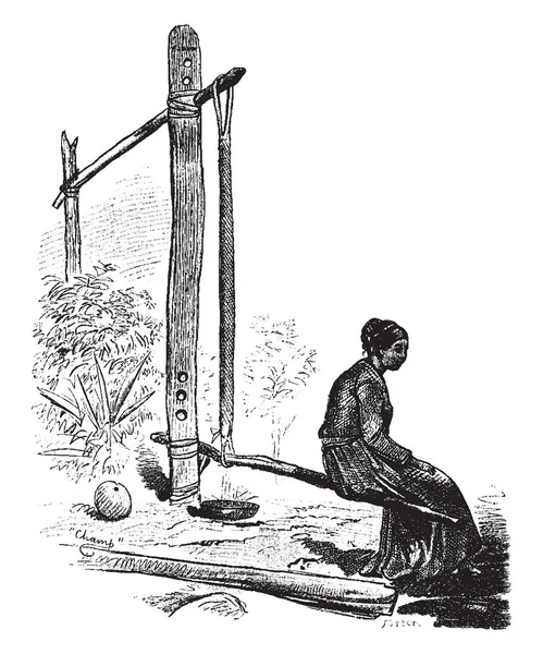 Woman Sitting Tipiti Vintage Line Drawing Engraving Illustration — Stock Vector