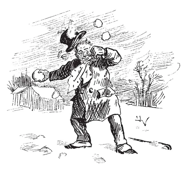 Ein Mann Spielt Mit Schneebällen Jemand Hat Zwei Schneebälle Auf — Stockvektor