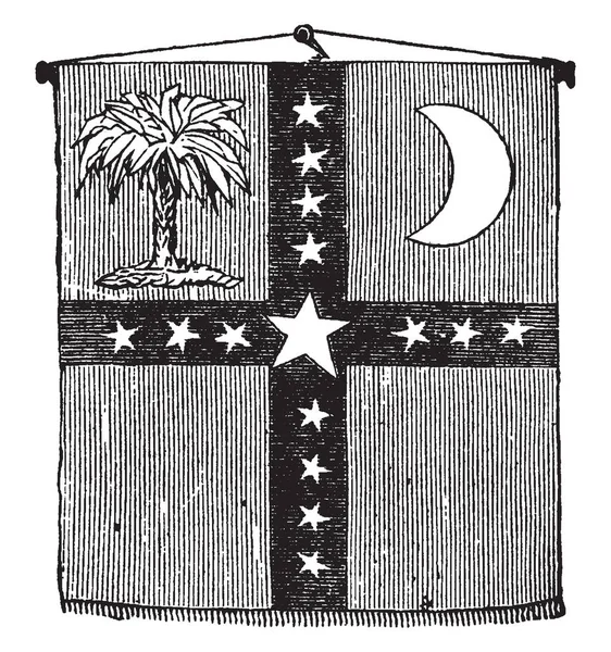 サウスカロライナ州が主権を宣言した日にこの Verticle 四角形フラグが星と つの部分に分割 左がツリーと右側のハーフ ムーン ビンテージの線描画や彫刻イラスト — ストックベクタ
