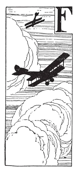 飞机是两个双翼飞机飞过云层 老式的线条画或雕刻插图 — 图库矢量图片
