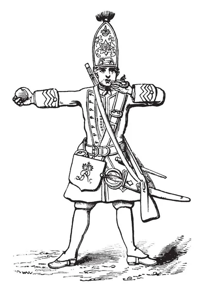 British Grenadier Blowing His Fuse Light Grenade Vintage Line Drawing — Stock Vector