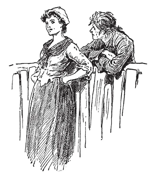一男一女站在篱笆对面 复古线画或雕刻插图 — 图库矢量图片