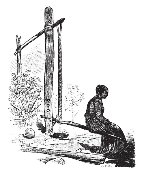 A woman sitting on a tipiti, vintage line drawing or engraving illustration — Stock Illustration Woman Sitting Tipiti Vintage Line Drawing Engraving Illustration Stock Illustration