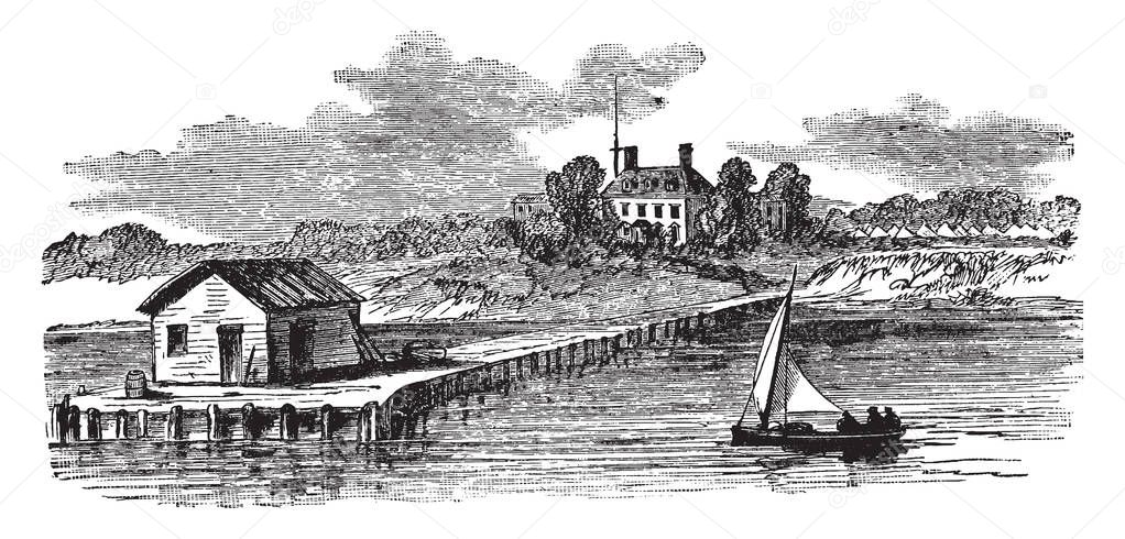 Virginia and Berkeley where a group of 38 English settlers arrived at Berkeley Hundred about eight thousand on the north bank of the James River, vintage line drawing or engraving illustration.