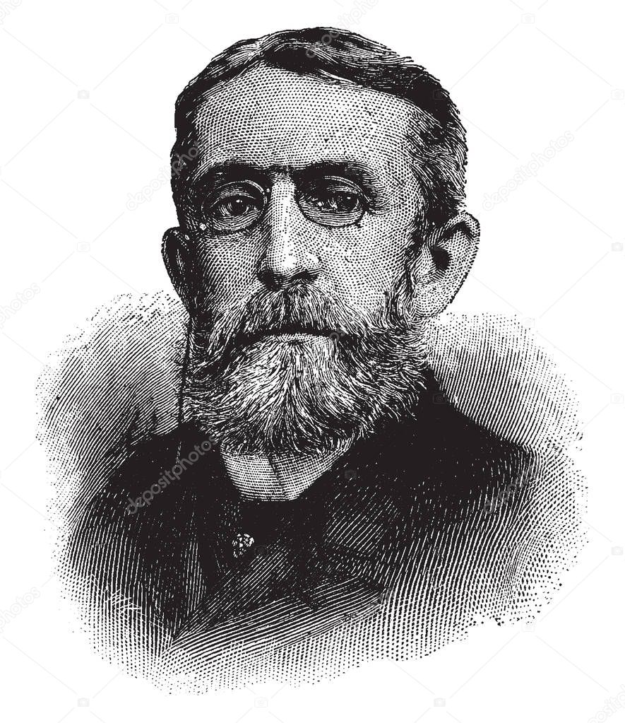 Andrew Dickson White, 1832-1918, he was an American historian and educator, first president of Cornell University, vintage line drawing or engraving illustration