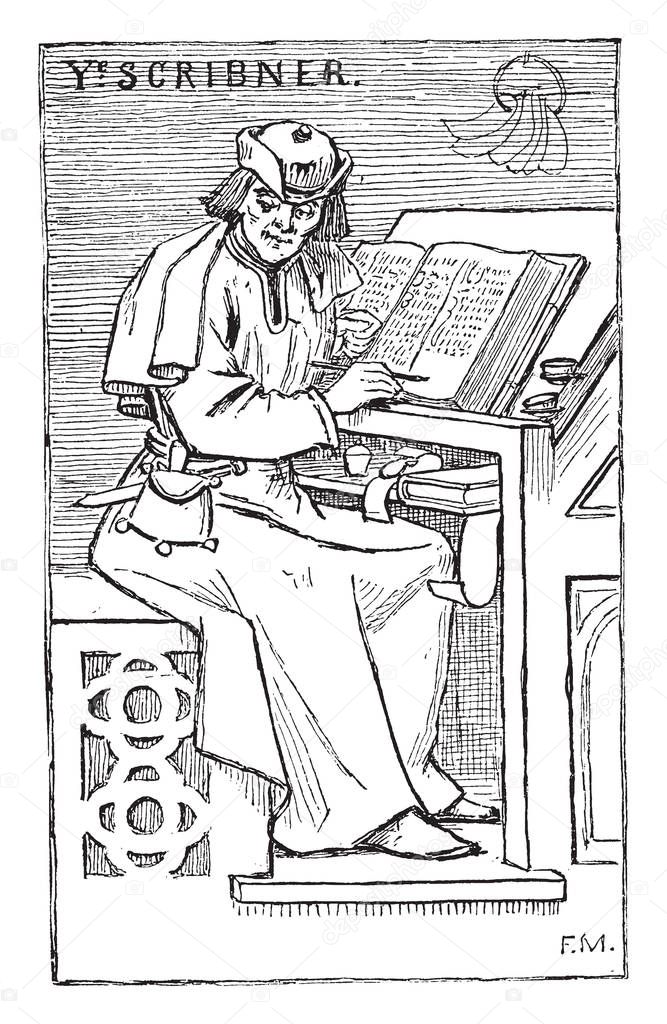 This illustration represents Scribe who copies out documents, vintage line drawing or engraving illustration.