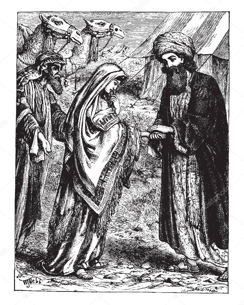 Isaac Welcoming Rebekah, this scene shows a man welcoming a woman by holding her hand, another man standing behind her with two camels, vintage line drawing or engraving illustration