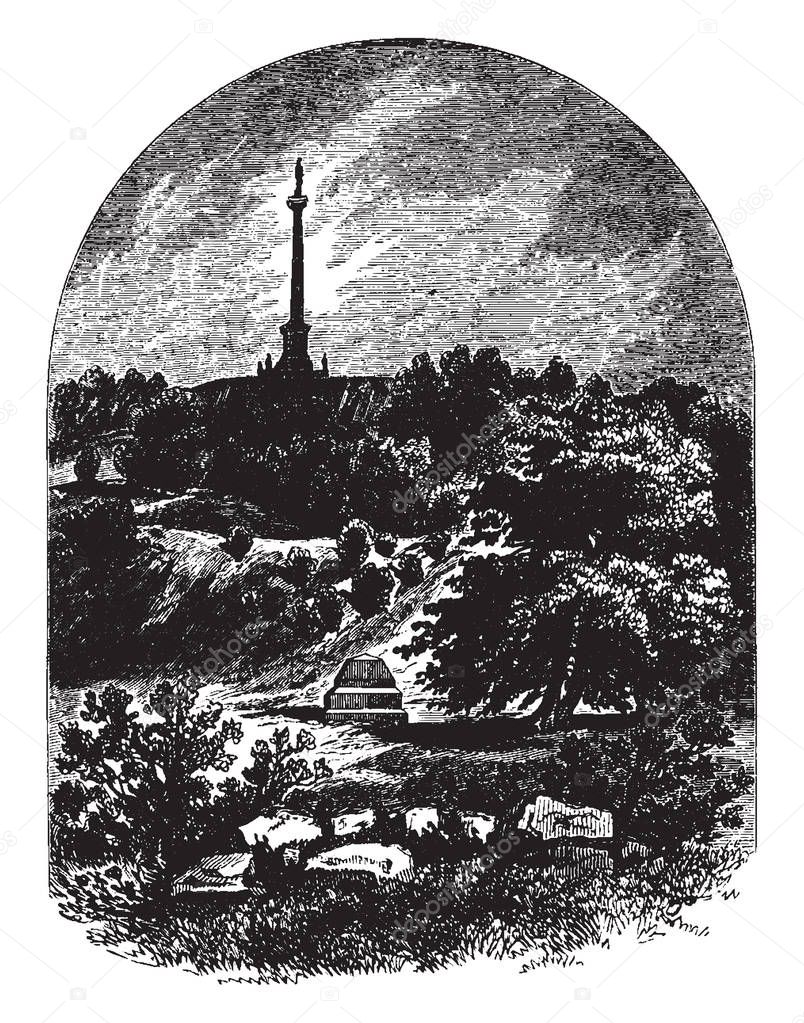 Monument at the place where General Isaac Brock, an British Army officer and colonial administrator fell,vintage line drawing or engraving illustration.