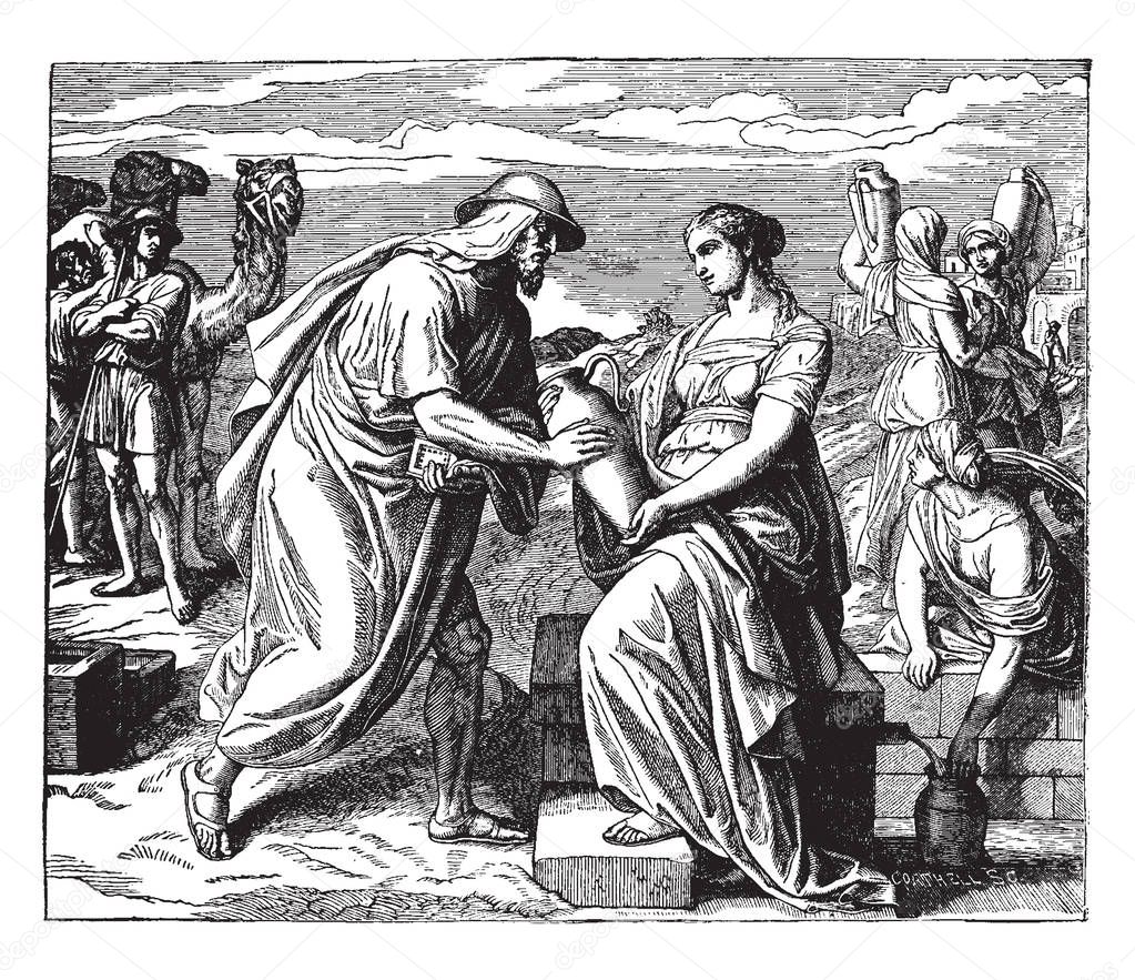 Abraham's Servant Meeting Rebekah, this scene shows a woman with water jar and a man requesting woman to give water, another woman filling water in jar, it shows men with camel behind him, vintage line drawing or engraving illustration 