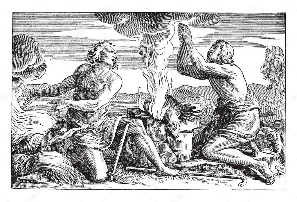 Cain and Abel Making an Offering to the Lord, this scene shows two men sitting and praying and animal burns after death in between them, axe on ground, vintage line drawing or engraving illustration