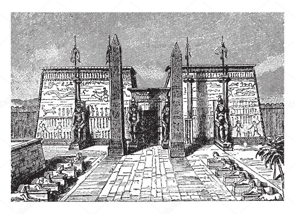 Luxor Temple, large Ancient Egyptian temple, complex located, Egyptian language, the southern harem, vintage line drawing or engraving illustration.