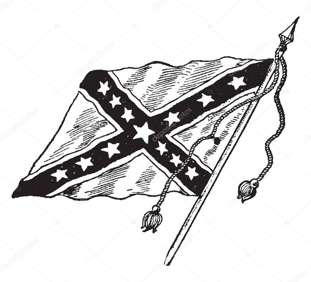 The Confederate Battle Flag, this flag has dark saltire with white outline, 13 five pointed stars inside the saltire, vintage line drawing or engraving illustration`