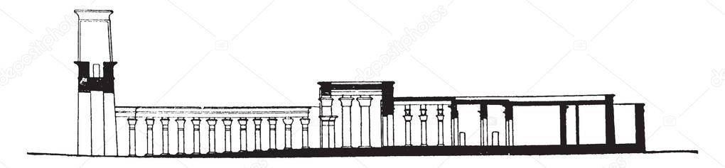 Temple of Edfu Section, ancient Egyptian temple, Apollonopolis Magna, god Horus-Apollo, vintage line drawing or engraving illustration.