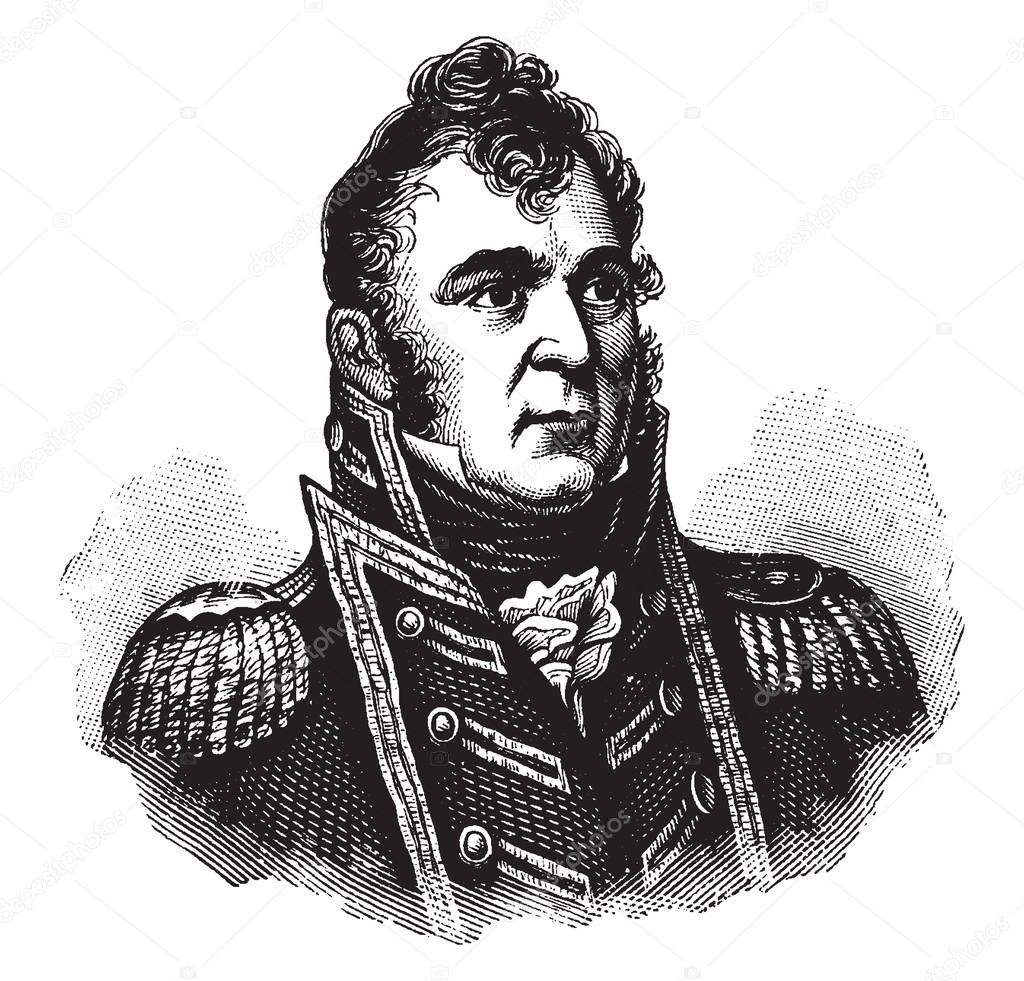 Isaac Chauncey, 1772-1840, he was an officer in the United States navy and the president of the board of Navy commissioners, vintage line drawing or engraving illustration