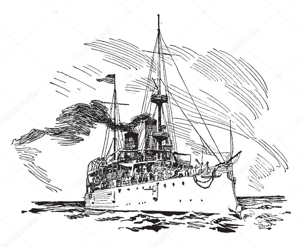 United States Protected Cruiser USS Olympia was a protected cruiser in the United States Navy during the Spanish American War, vintage line drawing or engraving illustration.