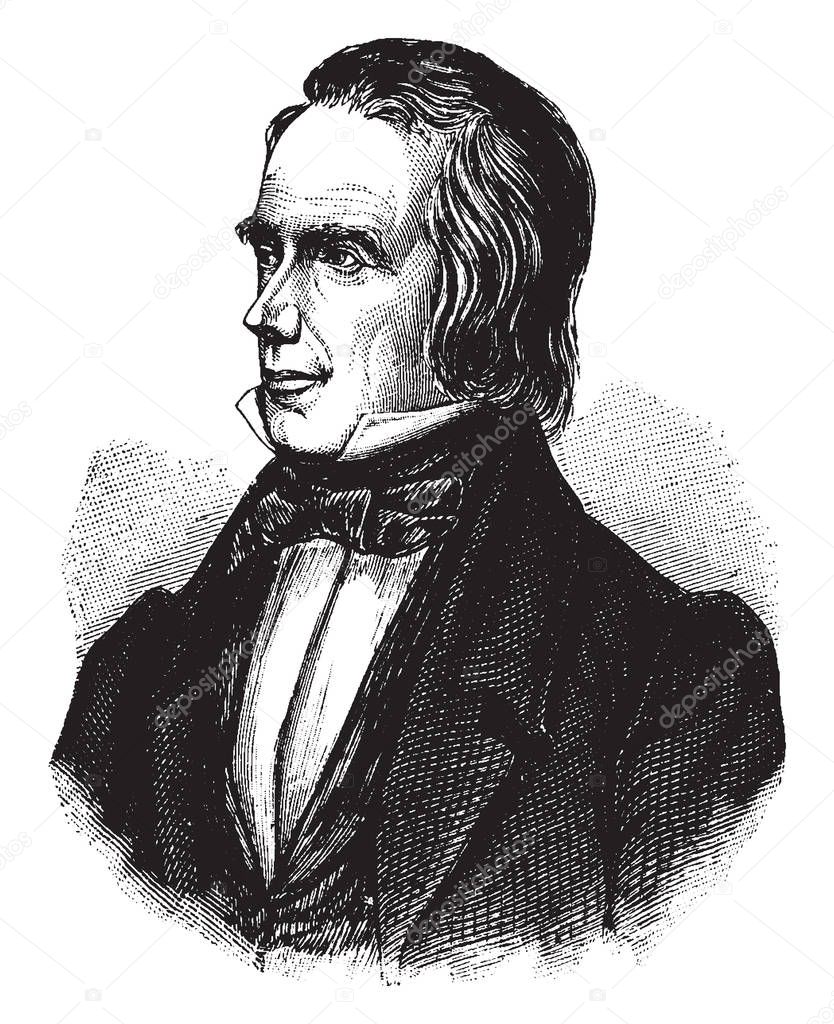 Henry Clay, 1777-1852, he was an American lawyer, statesman, skilled orator, United States senator from Kentucky and speaker of U.S. house of representatives, vintage line drawing or engraving illustration