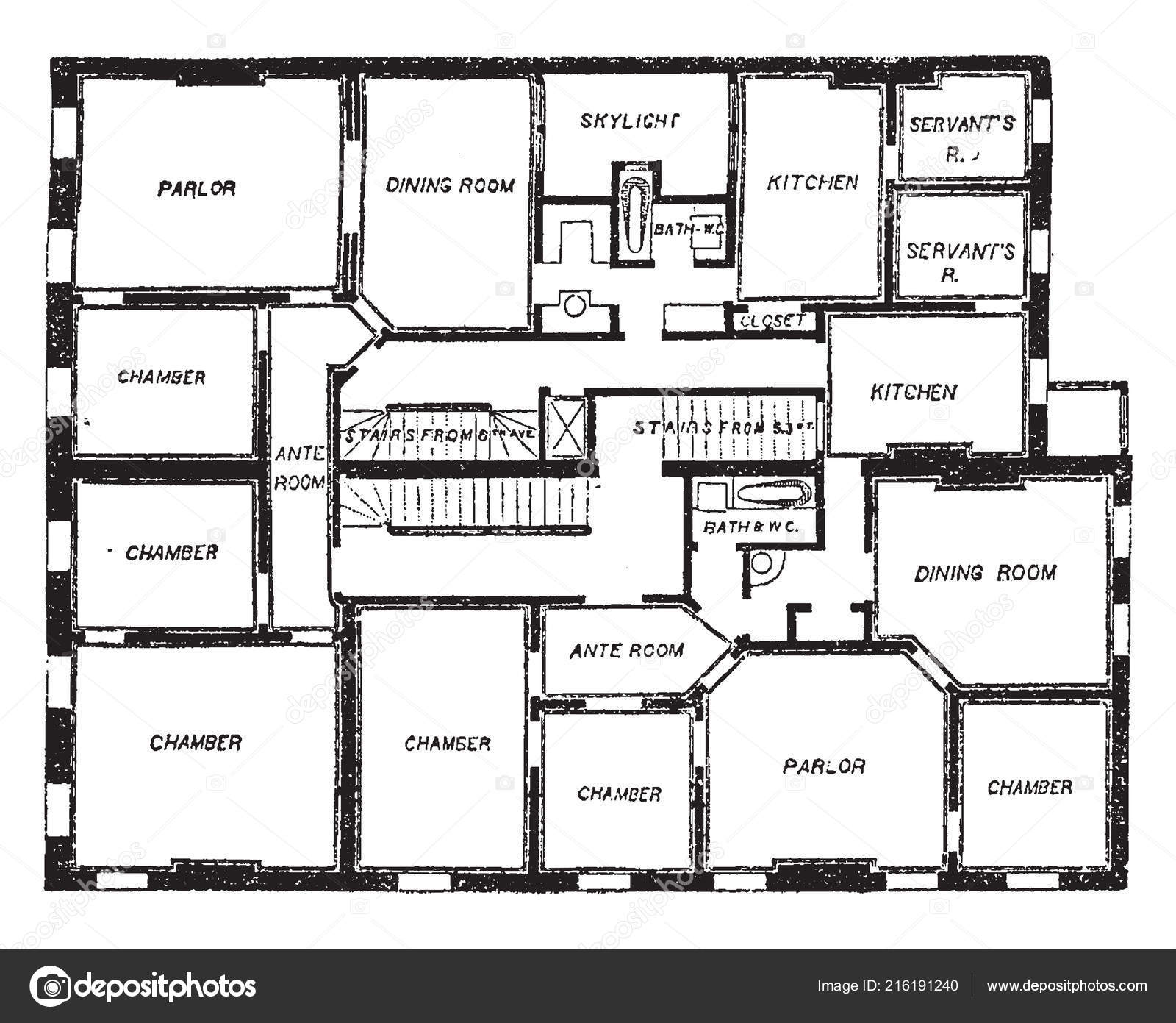 Double Flat Floor Plan Two Bedroom Apartments Vintage Line Drawing