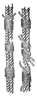 Seizing is a class of knots used to bind two parts of the same rope or to another object, vintage line drawing or engraving illustration. clipart