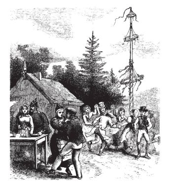 Görüntü bir antik Kuzey yarımkürede bahar Festival Mayıs günü kutlama insanlar gösterir. Geleneksel bahar tatil birçok kültürleri, vintage çizgi çizme veya oyma illüstrasyon da.