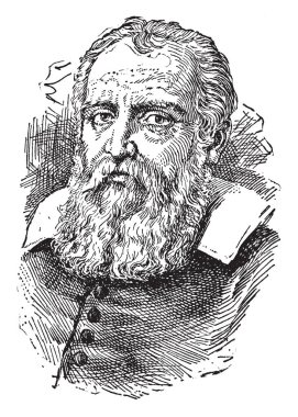 Galileo Galilei, 1564-1642, bir İtalyan bilge, astronom, fizikçi, mühendis, filozof ve deneysel bilim, vintage çizgi çizme veya oyma illüstrasyon büyük yaratıcıları mühendisliğinin matematikçi olduğunu