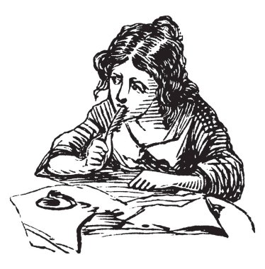 Girl Writing or pen rested against her face, Diary, women writers, vintage line drawing or engraving illustration. clipart