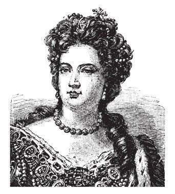 Great Britain Queen Anne, 1665-1714, İngiltere, İskoçya ve İrlanda Kraliçesi 1702 dan onun ölümüne kadar o aynı zamanda büyük Britanya, vintage çizgi çizme veya oyma illüstrasyon kraliçesi hizmet
