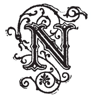 Dekoratif harf N, vintage çizgi çizme veya oyma illüstrasyon