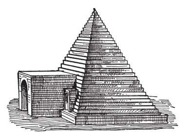 Tomb at Abydos, structural, pyramidal,  most venerated, abydos tomb pyramid, ancient egyptian architecture, burial ground, vintage line drawing or engraving illustration. clipart